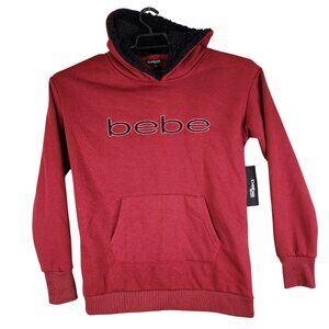 Women Bebe Red Fleece Pullover Hoodie Sherpa Lined Long Sleeve Cotton Blend M